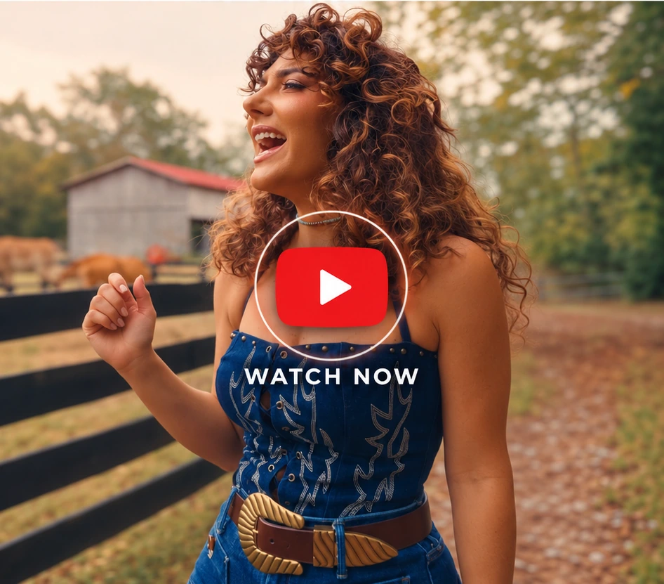 Dani Rose laughing beside a ranch fence in a denim corset top, from the 9 To 5 video